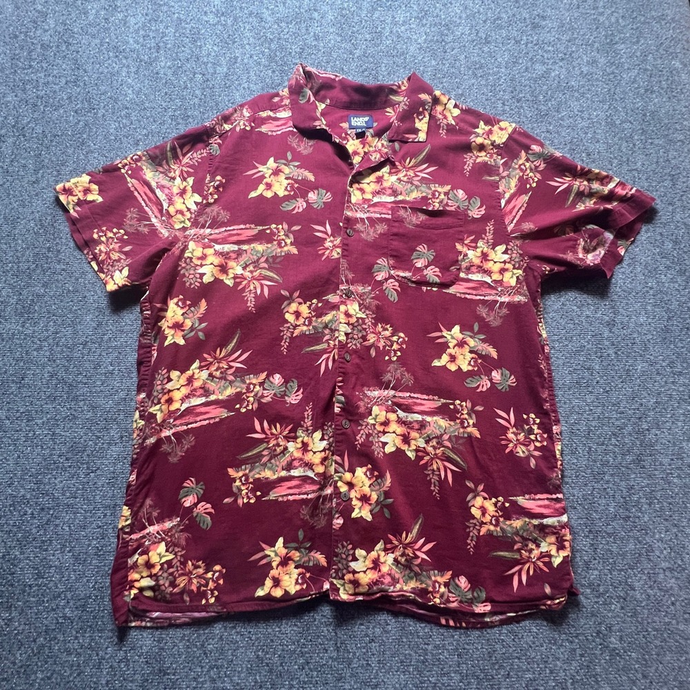 Lands End Mens XXL Tall Burgundy Floral Tropical Cotton Viscose Camp Shirt